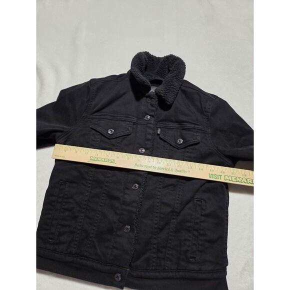 Womens Black Levis Strauss Sherpa Collar Trucker Denim Jean Jacket Small Petite - Picture 8 of 9